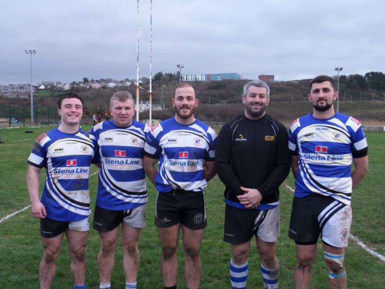 Fishguard try scorers (L to R) Thomas George, Liam Wilkes, Chris Shousha, Simon James, Kial Keane